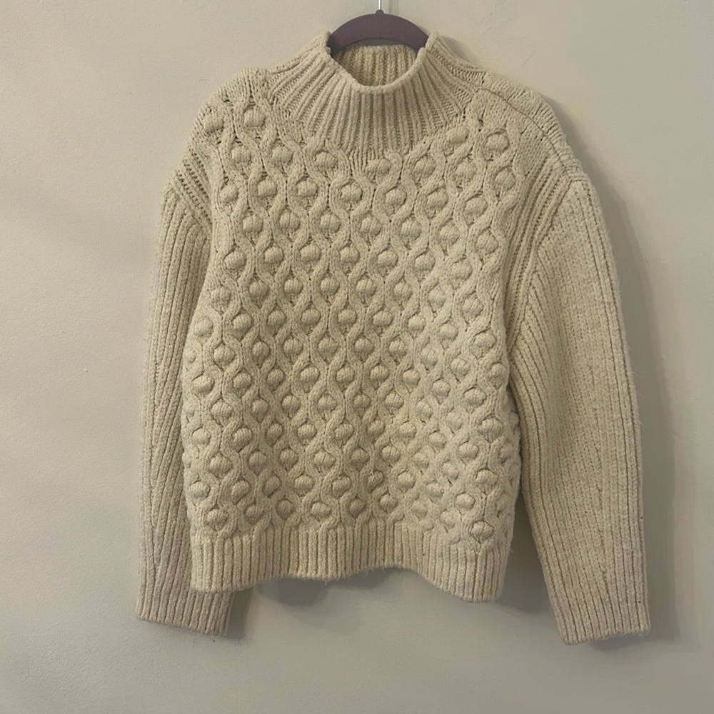 Zara Women's Cream Knit Cable Ribbed Sleeves Bobble Sweater Size Large